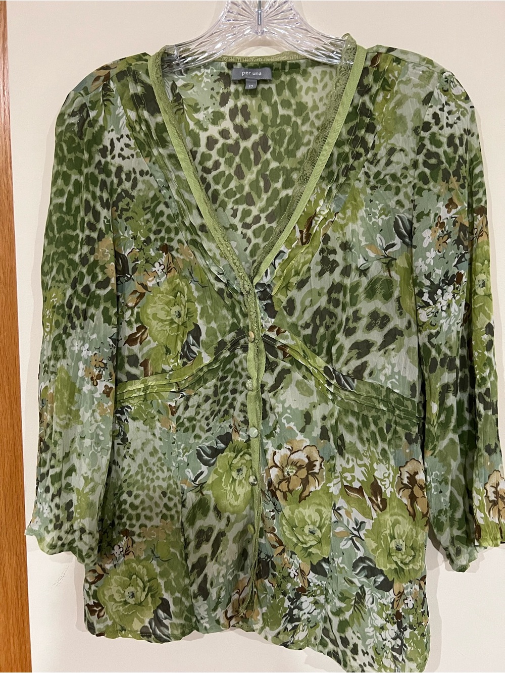 per una Green Floral & Animal-Print Sheer Blouse